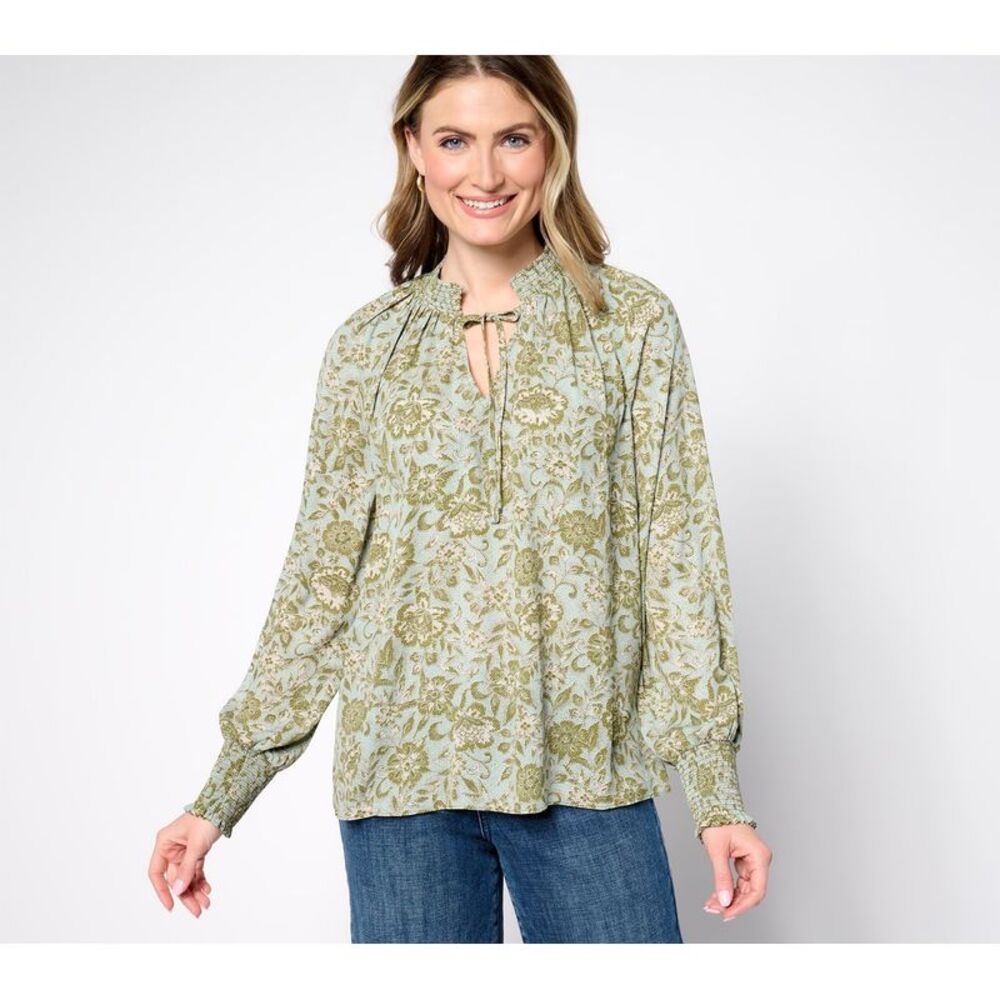 NYDJ Women's Top Sz L Gemma Pleated Front Blouse Multi-colored A681735